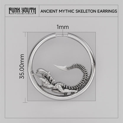 Silver Biomechanical Alien hoop earring with skeletal creature motif and dimensions