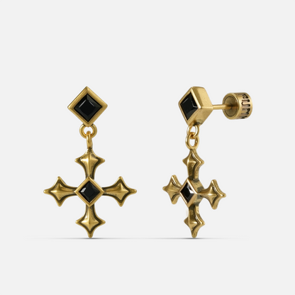Black Testament Earrings in antiqued 18K gold with gothic cross motifs and black obsidian, shown as a pair on white.