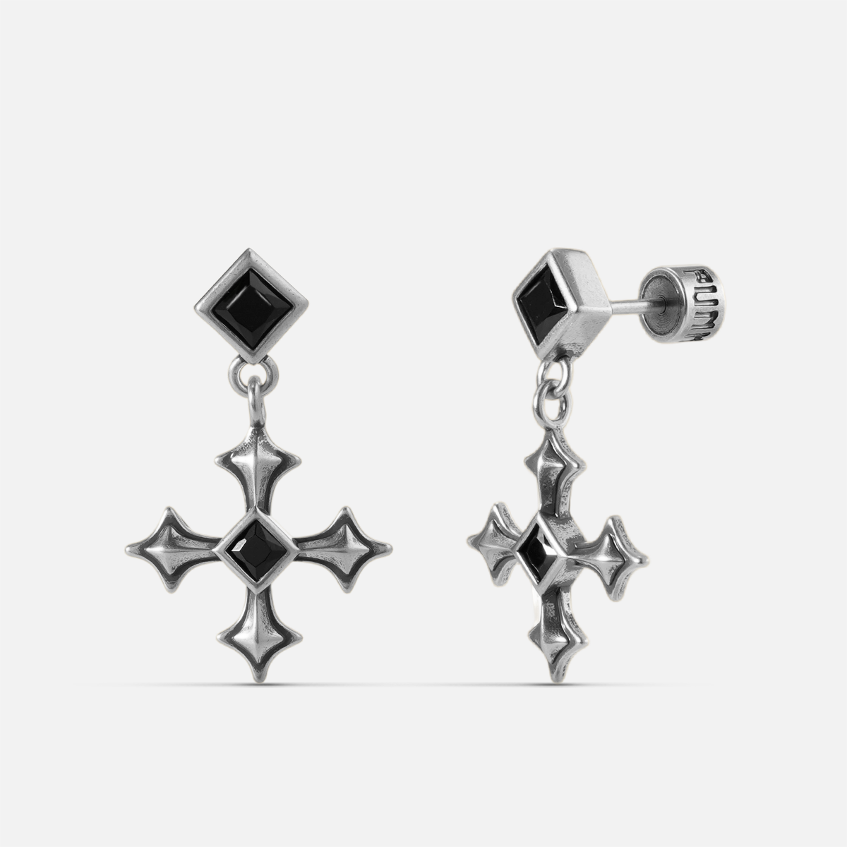 Black Testament Earrings in antiqued silver with gothic cross motifs and black obsidian, shown as a pair on white.