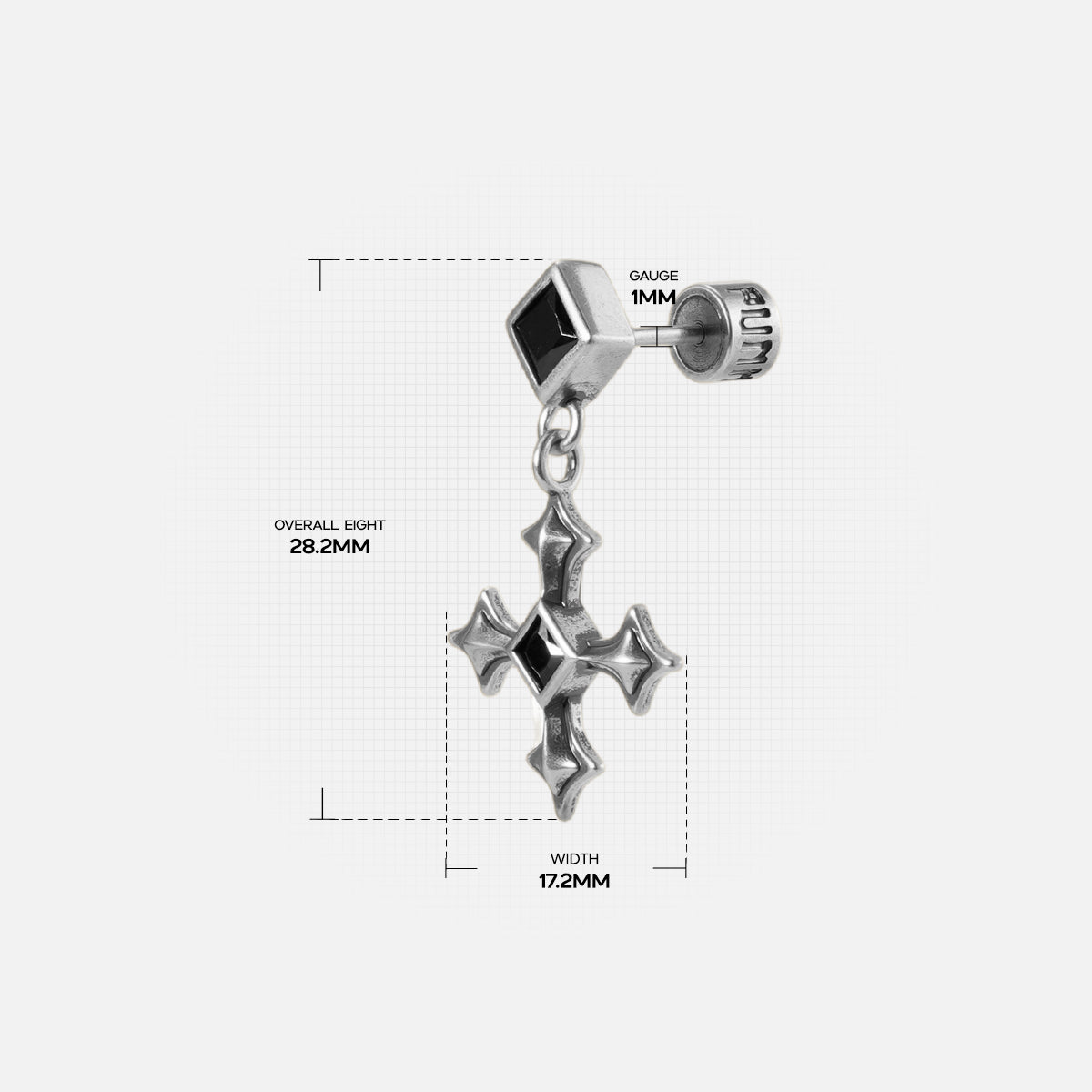 Black Testament Earrings measurement diagram showing the cross drop length and earring dimensions.