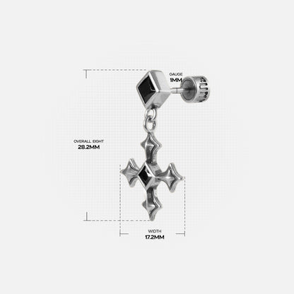 Black Testament Earrings measurement diagram showing the cross drop length and earring dimensions.