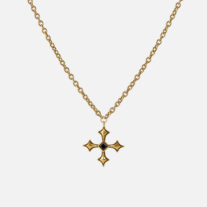 Black Testament Necklace in antiqued 18K gold with a gothic cross pendant and black obsidian, shown full length on white.