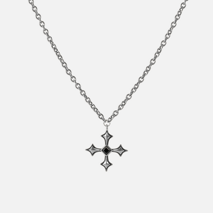 Black Testament Necklace in antiqued silver with a gothic cross pendant and black obsidian, shown full length on white.