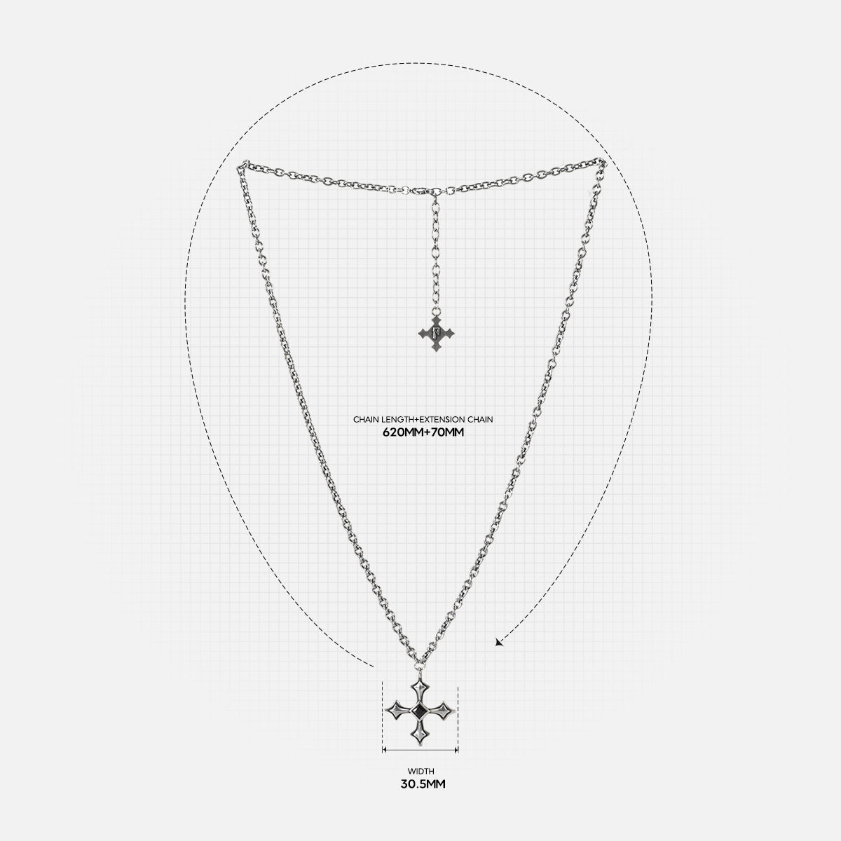 Black Testament Necklace measurement diagram showing the chain length and gothic cross pendant dimensions.