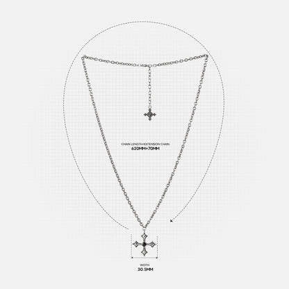 Black Testament Necklace measurement diagram showing the chain length and gothic cross pendant dimensions.