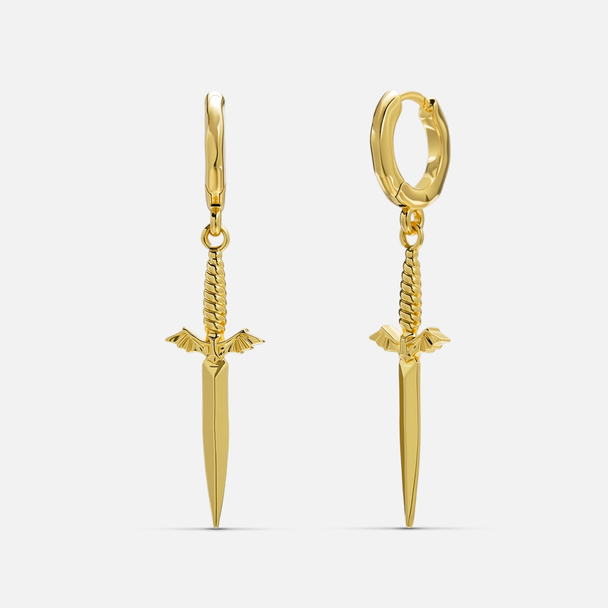 Pair of gold Blade Wing hoop earrings with slim sword-shaped pendants