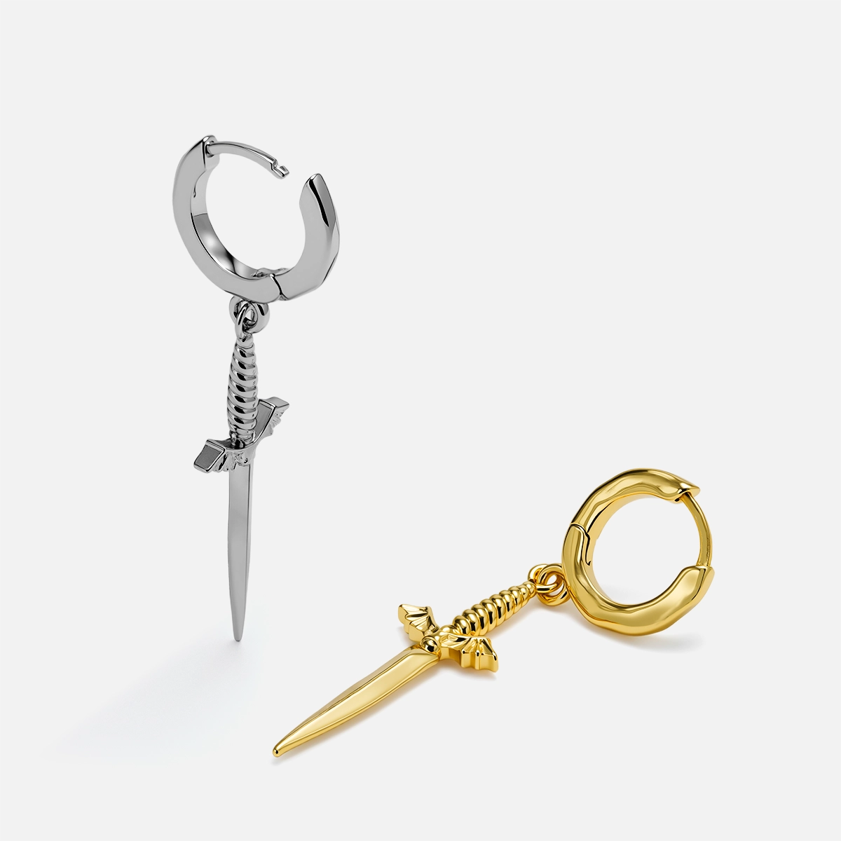 Silver and gold Blade Wing hoop earrings shown from front and side angles