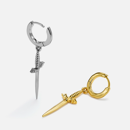 Silver and gold Blade Wing hoop earrings shown from front and side angles