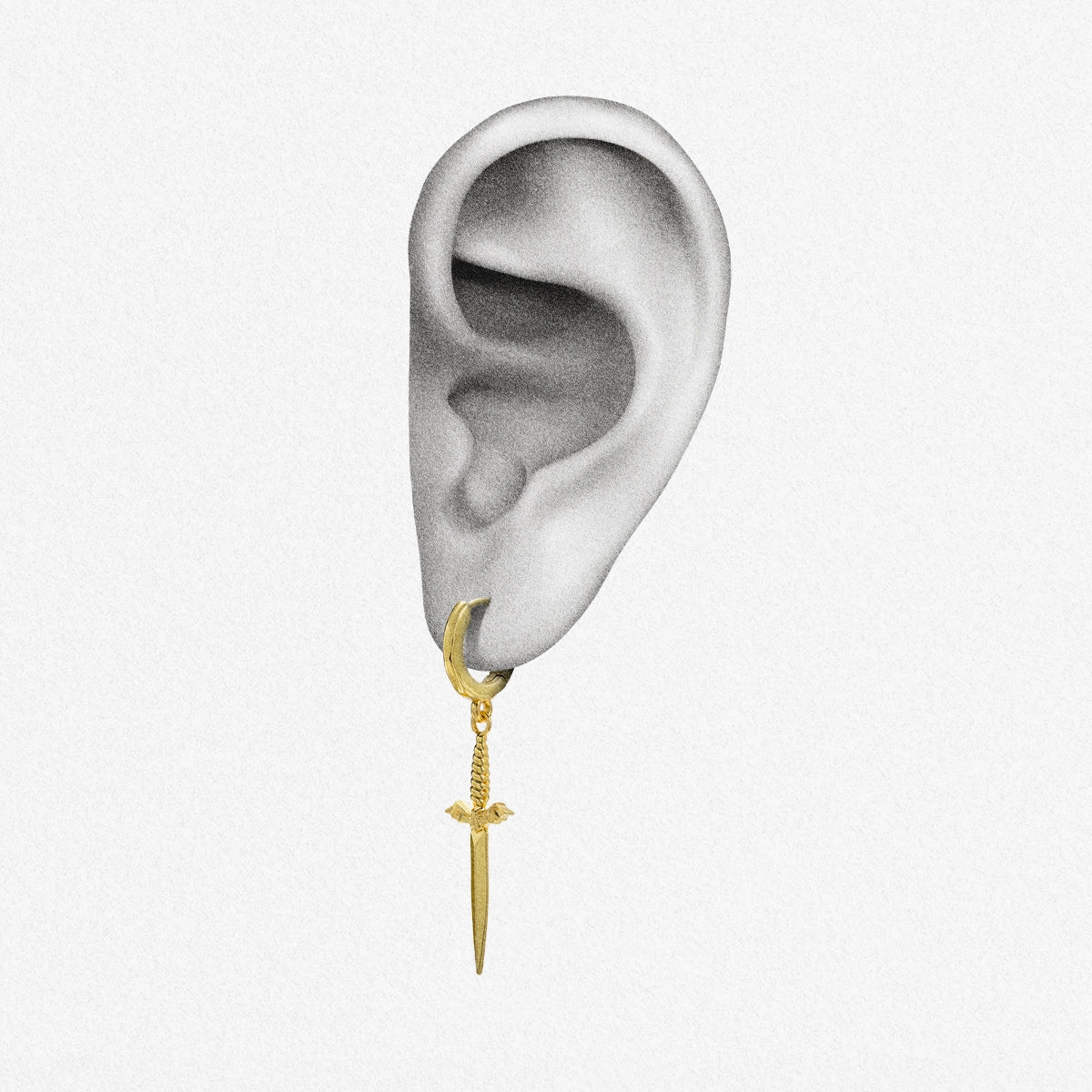 Gold Blade Wing sword drop earring shown on an ear illustration
