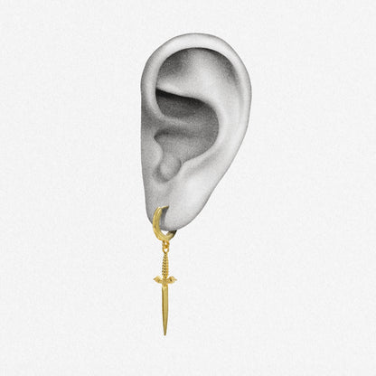 Gold Blade Wing sword drop earring shown on an ear illustration