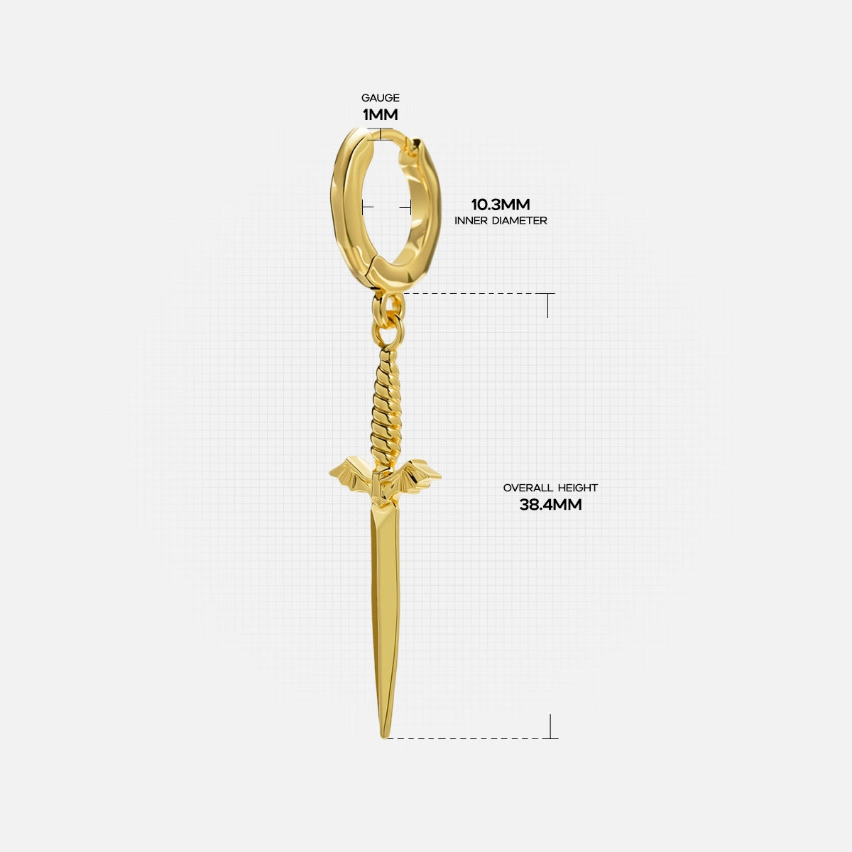 Gold Blade Wing hoop earring with sword pendant and measurement details