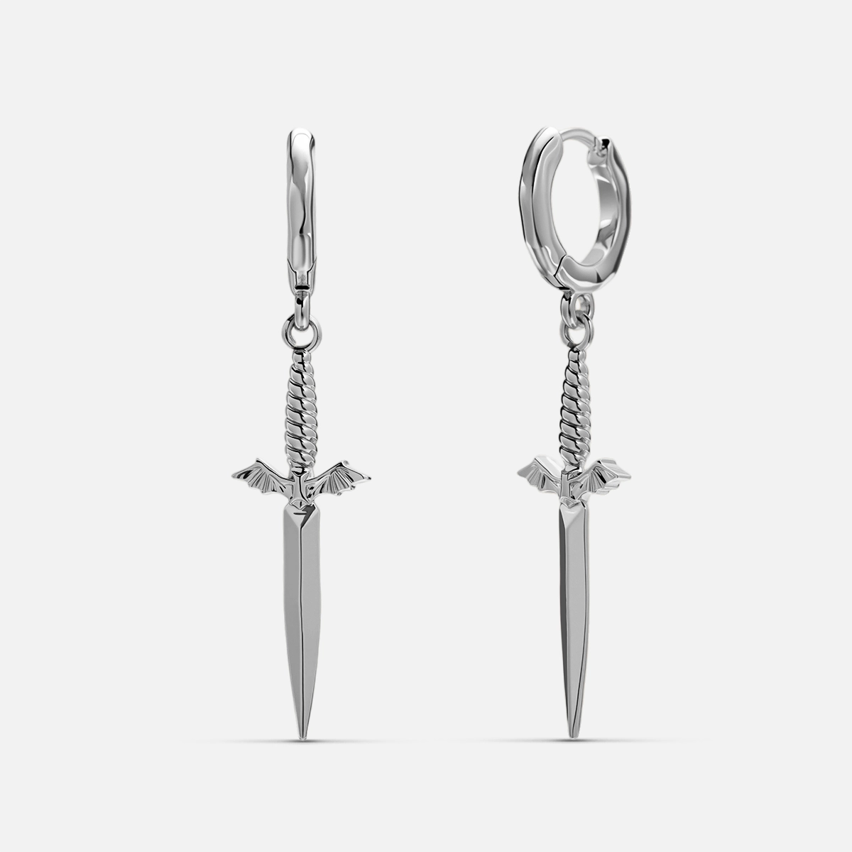 Silver-tone Blade Wing hoop earrings with long ribbed sword-shaped drops