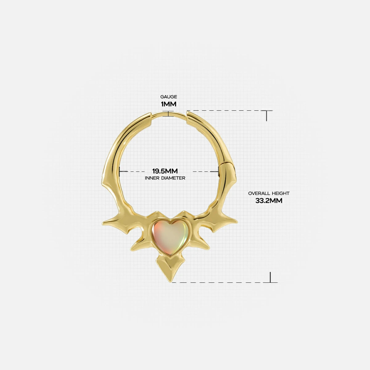 Gold Blazing Heart hoop earring with pale heart center and dimensions