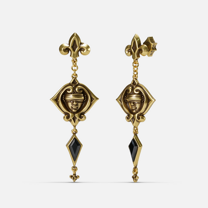 Gold-tone Blind Oracle Drop Earrings shown from front and side views with blindfolded face motifs and faceted black zircon drops.
