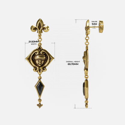 Size guide for the gold-tone Blind Oracle Drop Earrings showing the full earring length and side profile dimensions.