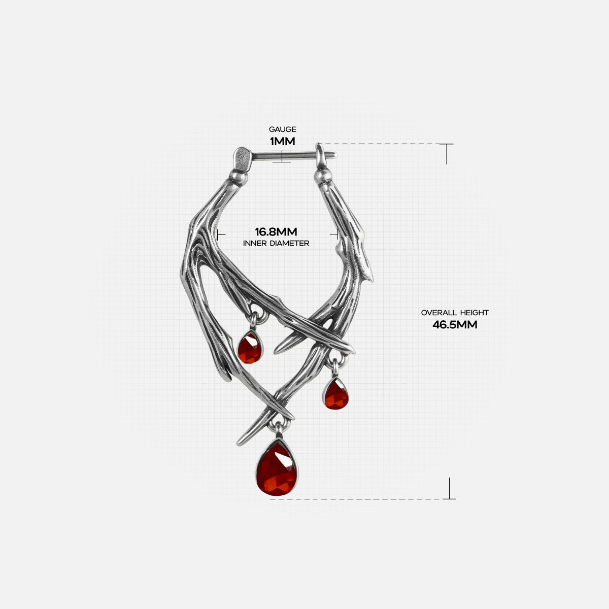Silver Blood Thorn hoop earring with branching frame and red drop dimensions