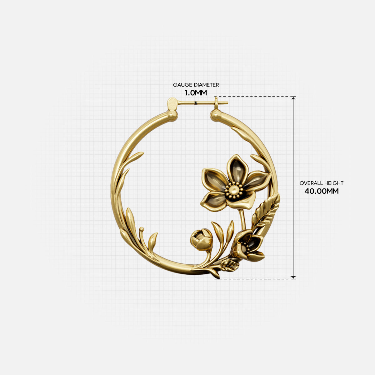 Gold Blossoming Vine hoop earring with floral branch design and dimensions