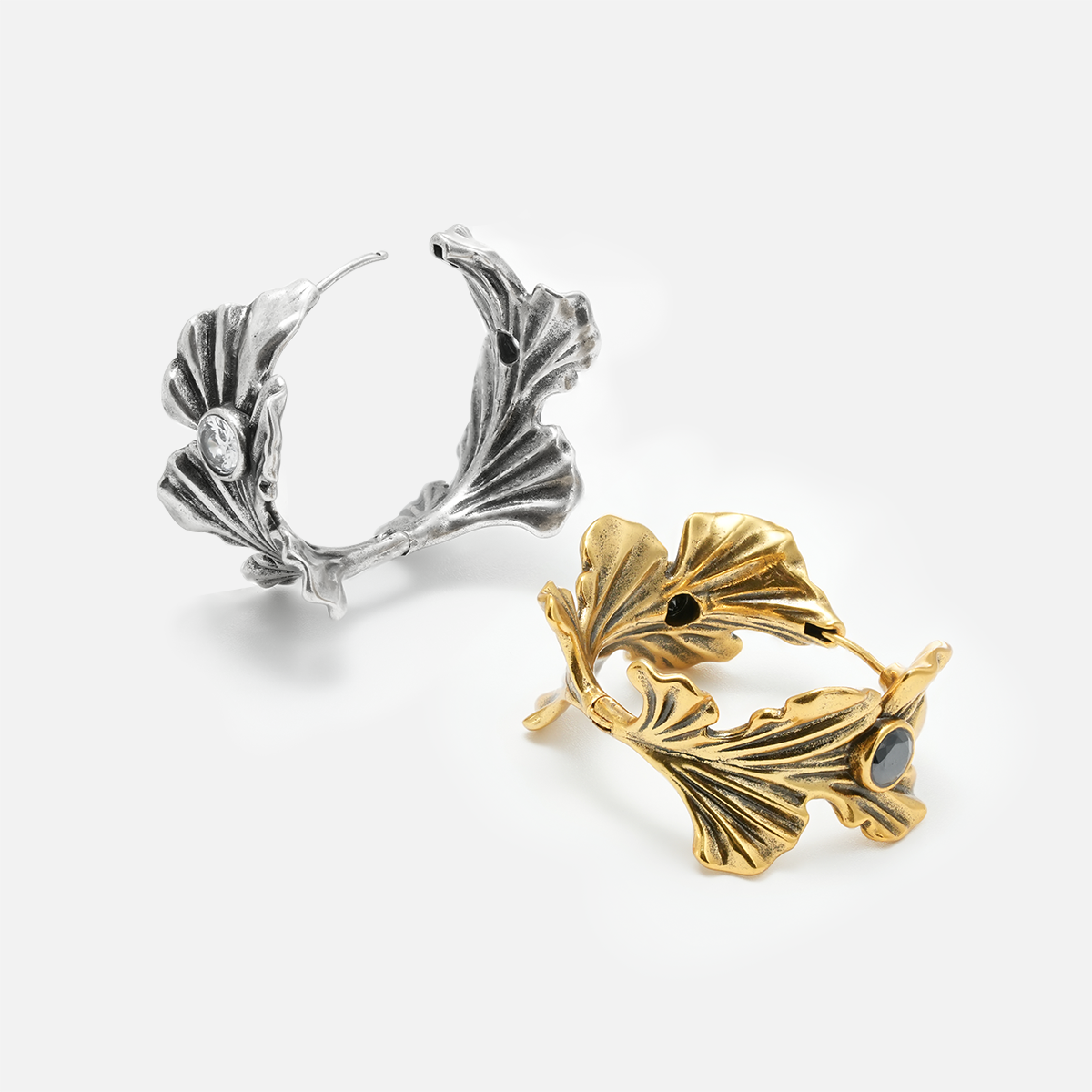 Silver and gold Botanical Ginkgo hoop earrings with layered leaf details