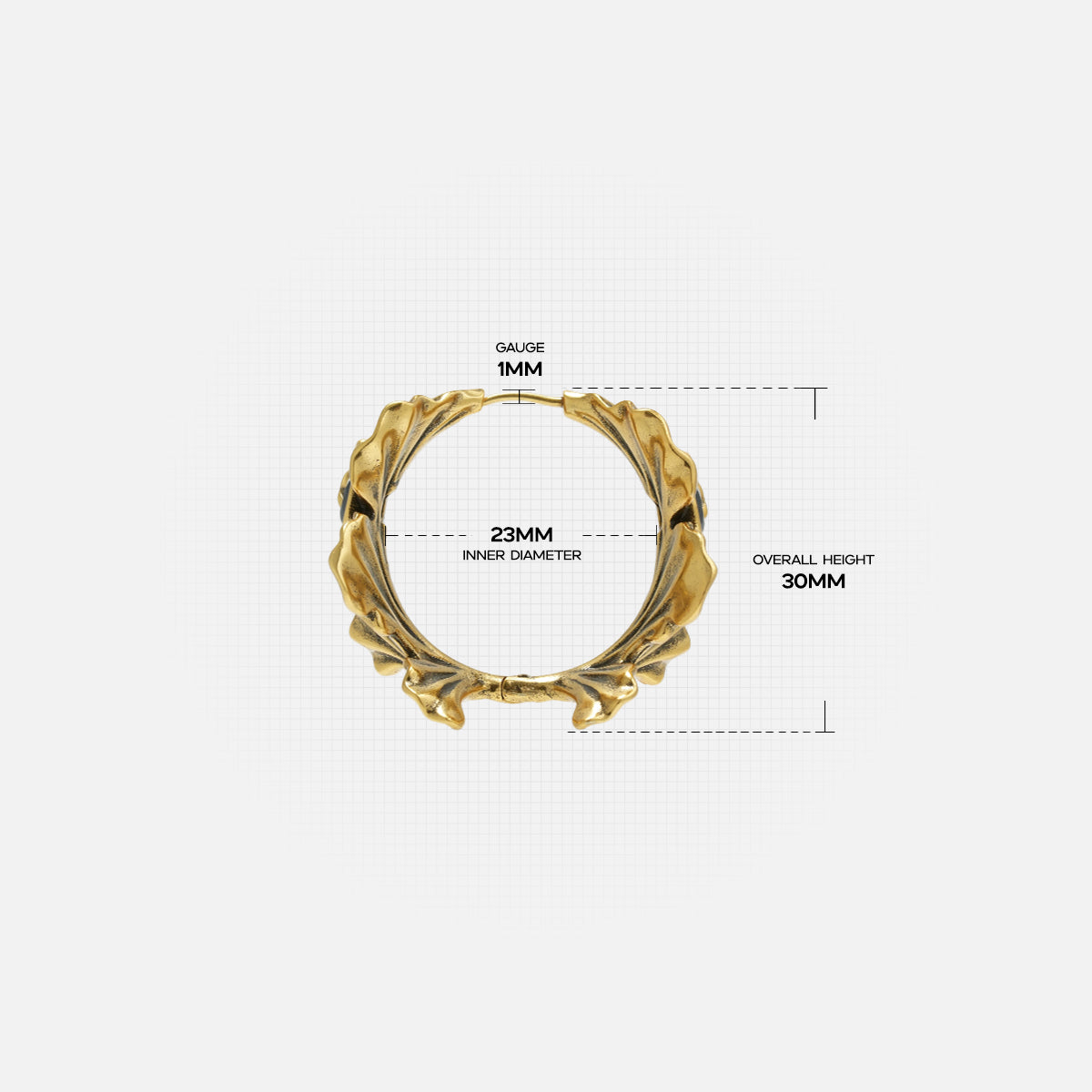 Gold Botanical Ginkgo hoop earring with layered leaves and dimensions