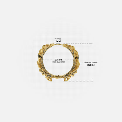 Gold Botanical Ginkgo hoop earring with layered leaves and dimensions
