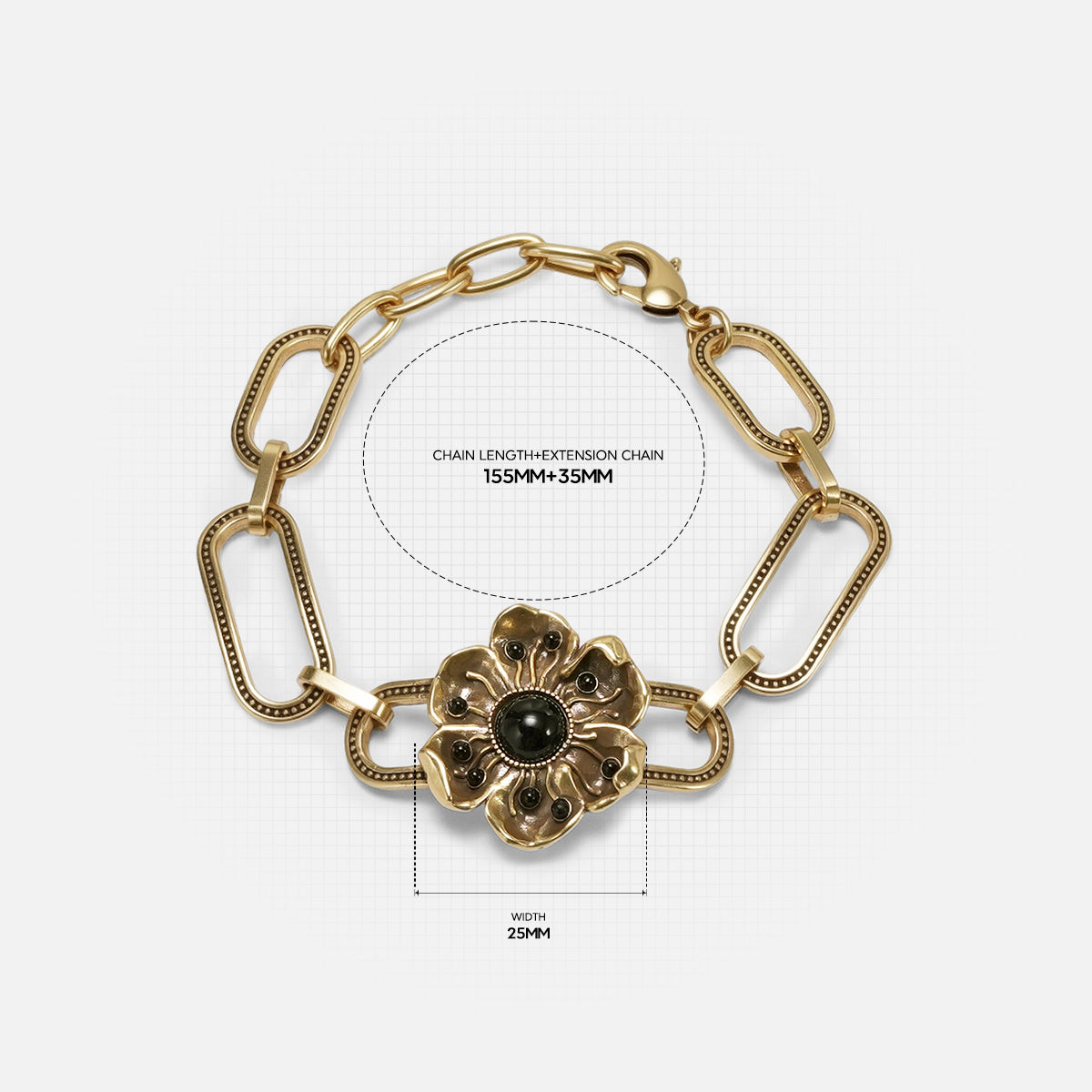 Gold Bound Bloom bracelet with extension length and floral clasp dimensions