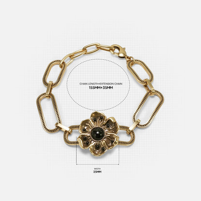 Gold Bound Bloom bracelet with extension length and floral clasp dimensions