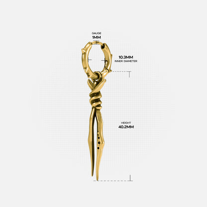 Bound Twin Earrings size guide showing hoop diameter and long twin spike drop length