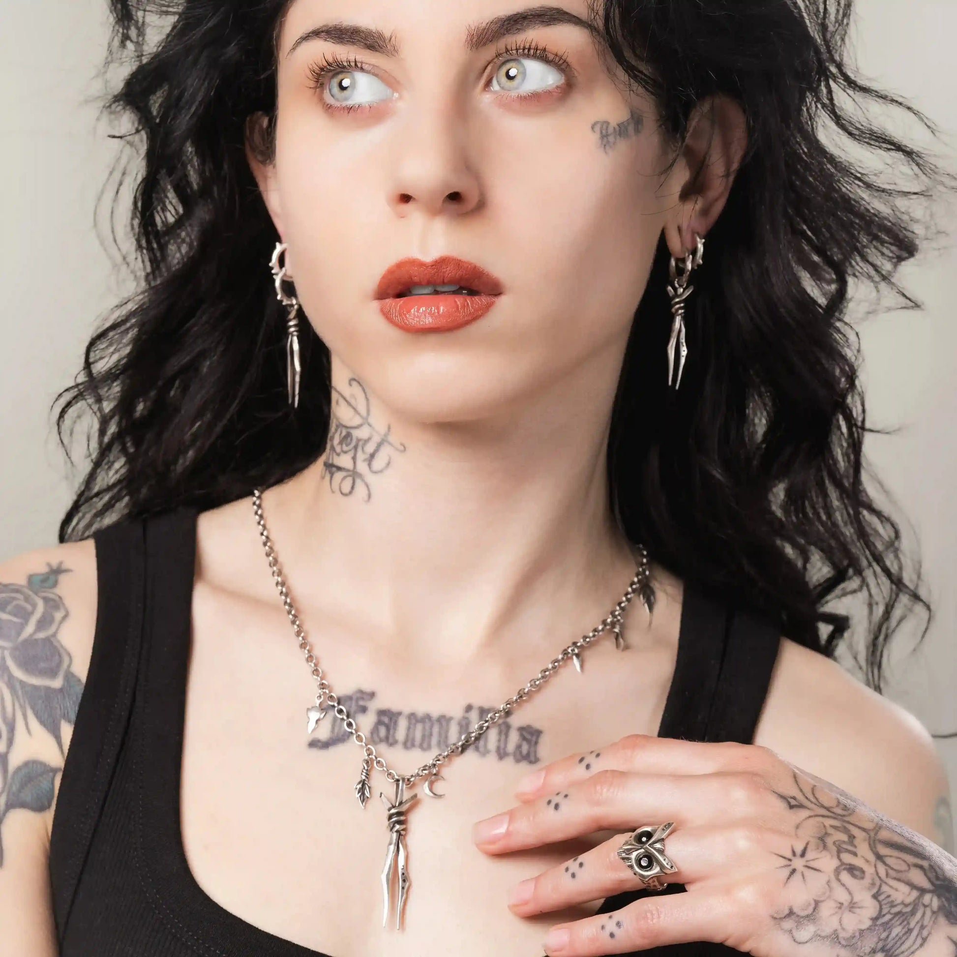 Bound Twin Necklace worn by model with antiqued silver finish and dark relic styling