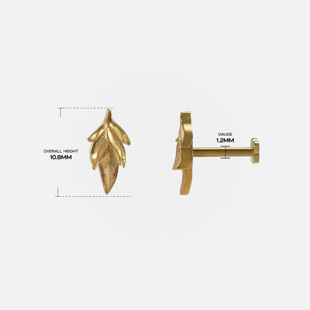 Bramble Leaf Ear Studs size guide showing leaf stud length and post proportions