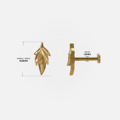Bramble Leaf Ear Studs size guide showing leaf stud length and post proportions