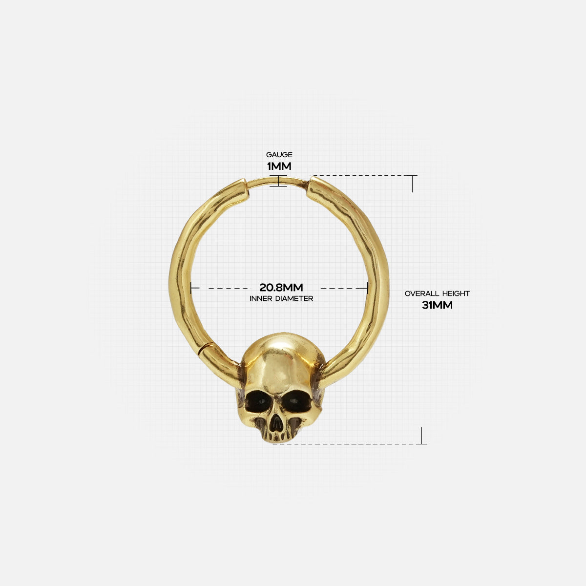 Brave skull earrings in gold with size detail view, showing dimensions of the skull hoop design