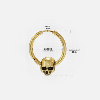 Brave skull earrings in gold with size detail view, showing dimensions of the skull hoop design