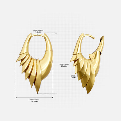 Gold Carapace Wing hoop earring with layered panels and measurement details