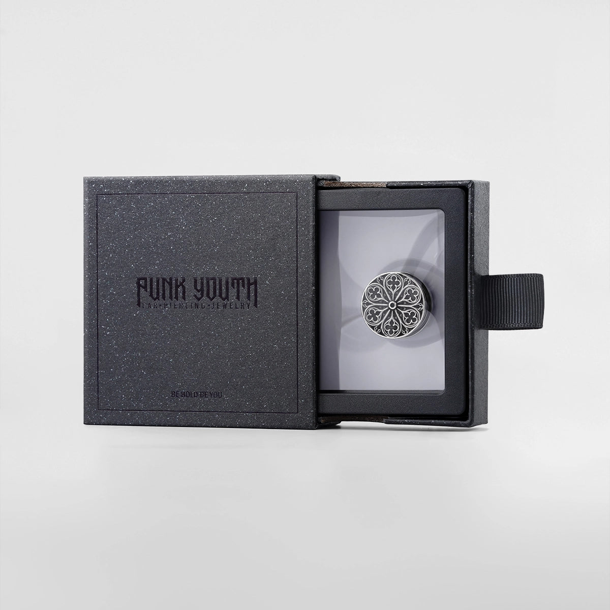 Silver Cathedral Rose plug presented in a black PUNKYOUTH jewelry box