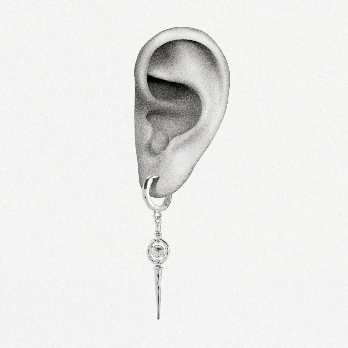Celestial Orbit Earrings in 925 sterling silver shown on an illustrated ear to demonstrate the long orbit-and-spike drop.