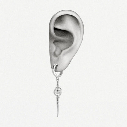 Celestial Orbit Earrings in 925 sterling silver shown on an illustrated ear to demonstrate the long orbit-and-spike drop.