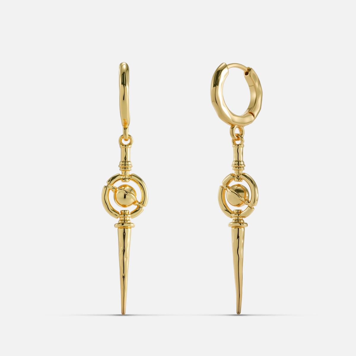 Pair of gold Celestial Orbit hoop earrings with circular accents and pointed drops
