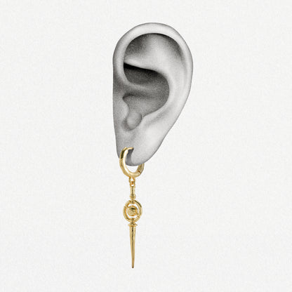 Gold Celestial Orbit drop earring shown on an ear illustration