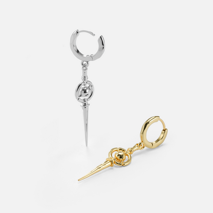 Silver and gold Celestial Orbit hoop earrings shown from front and side angles