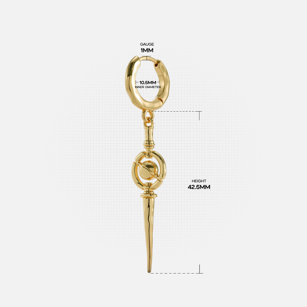 Gold Celestial Orbit hoop earring with pointed drop and measurement details