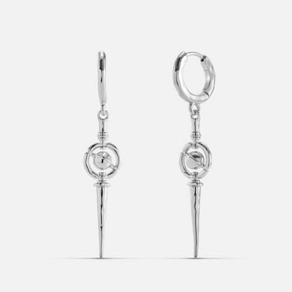 Silver-tone Celestial Orbit hoop earrings with circular pendants and long pointed drops