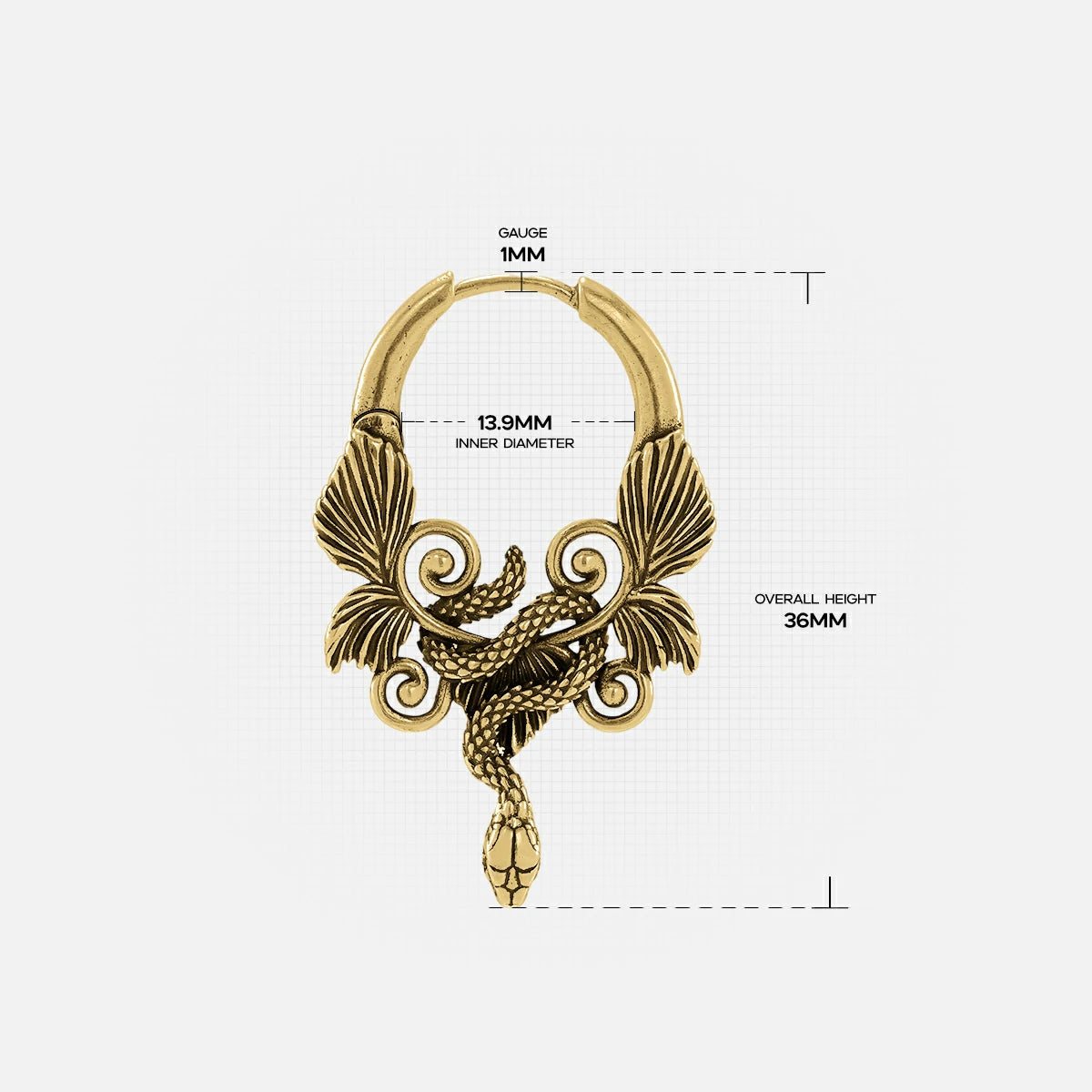 Gold Celestial Serpent hoop earring with coiled snake and wing details
