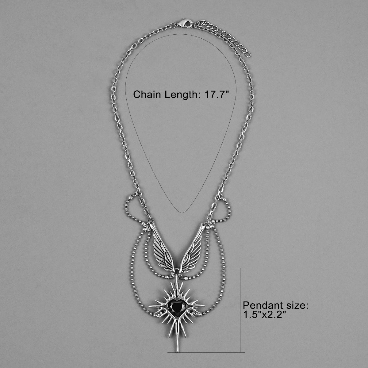 Celestial Starburst Wings necklace size guide showing chain length and pendant dimensions
