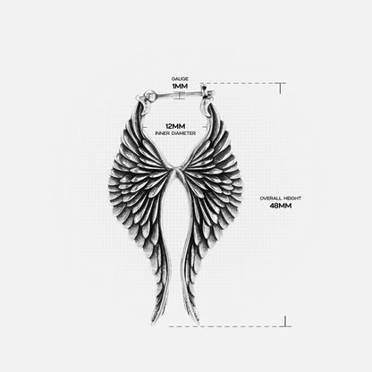 Silver Celestial Wing hoop earring with layered feathers and dimensions