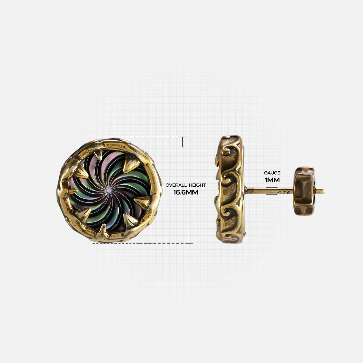 Size guide image for the gold Charybdis Maw Ear Studs, showing the stud diameter, post length, and flat back design.