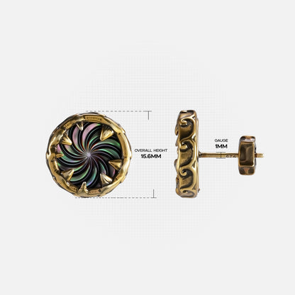 Size guide image for the gold Charybdis Maw Ear Studs, showing the stud diameter, post length, and flat back design.
