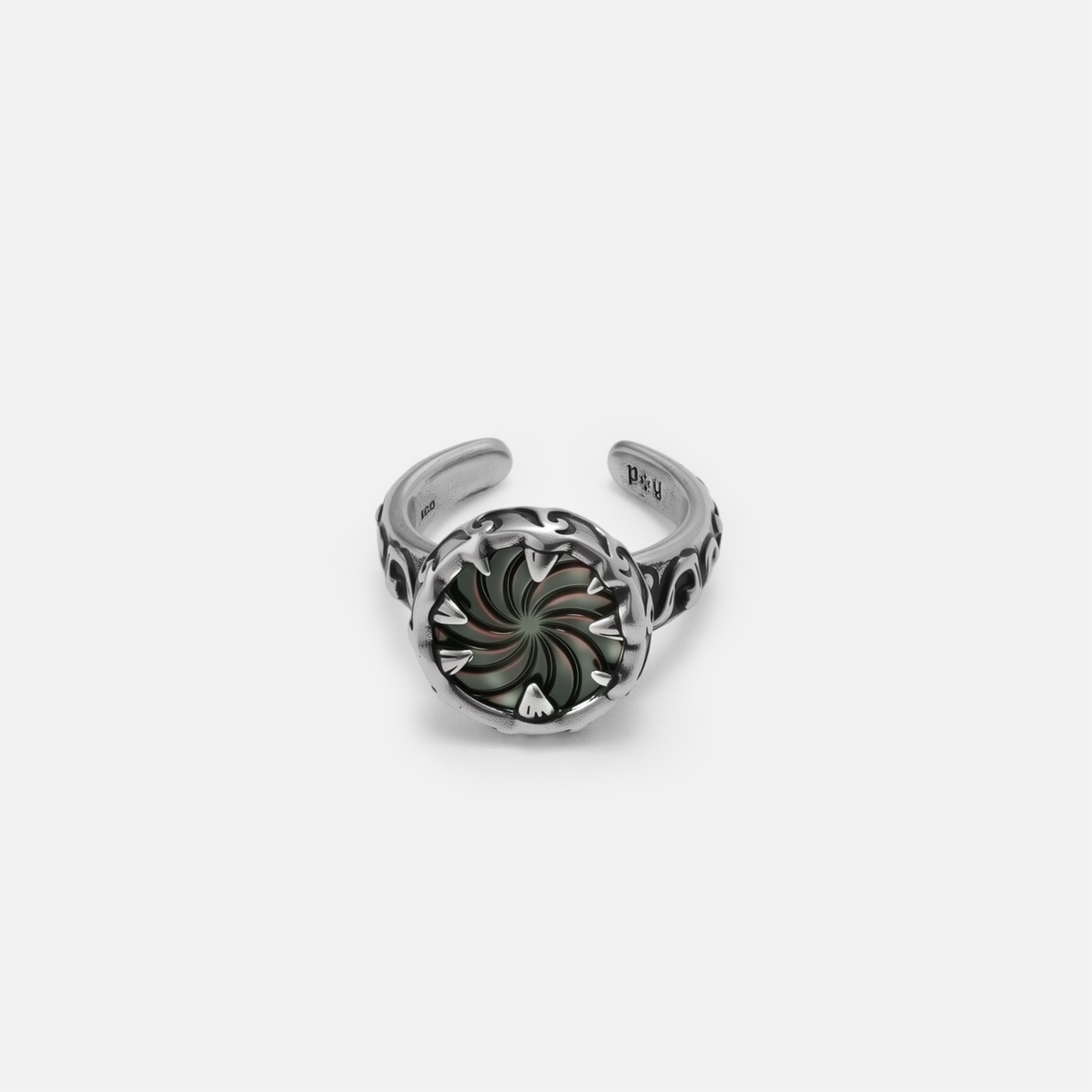 Front view of the Charybdis Maw Ring with swirling abalone shell inlay, wave-like silver setting, and open adjustable band.
