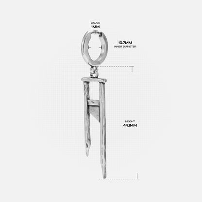 Silver Chic Guillotine hoop earring with long geometric pendant and dimensions
