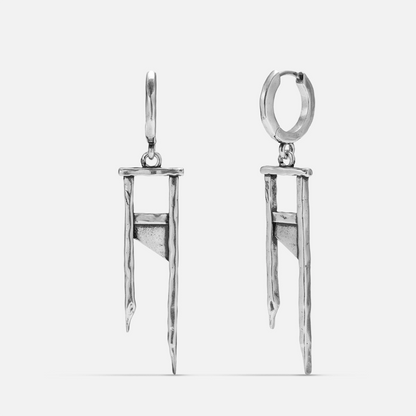 Silver-tone Chic Guillotine hoop earrings with miniature guillotine pendants