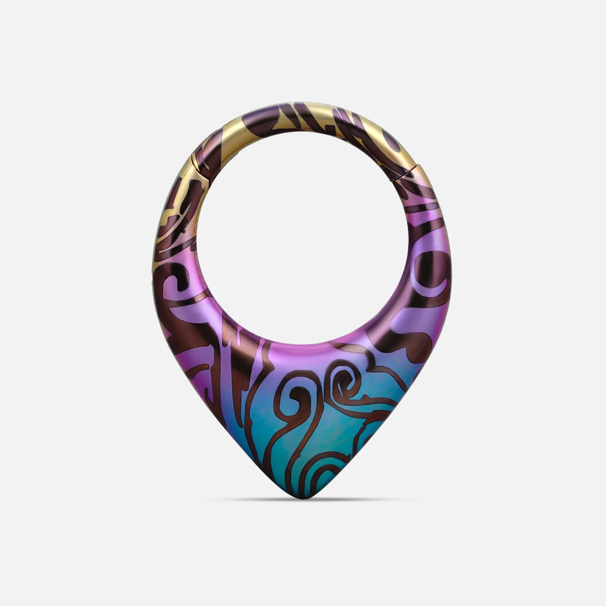 Titanium clicker hoop with iridescent purple, blue and gold swirl pattern, front view on white background